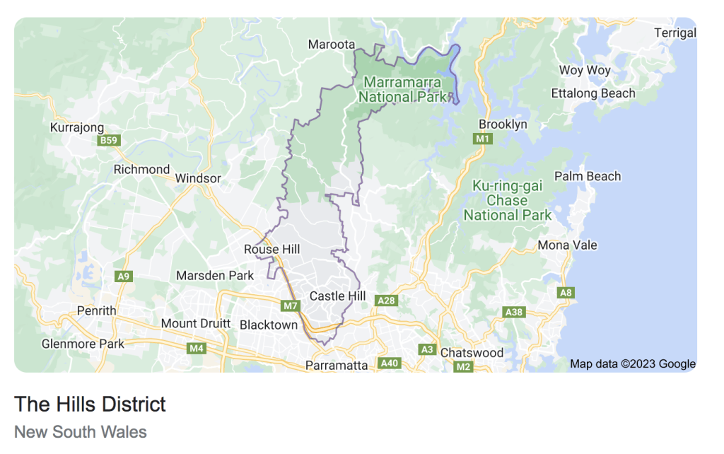 The Hills District Map showing the geographic area we hire our skip bins.